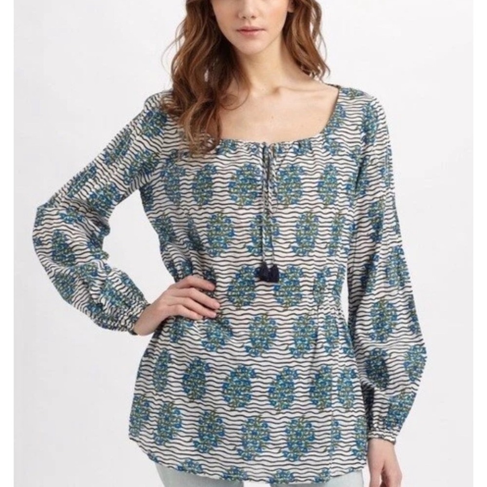 Tory Burch Evelina Floral Striped Tassel Tie Long Sleeve Voile Tunic Top Size 10